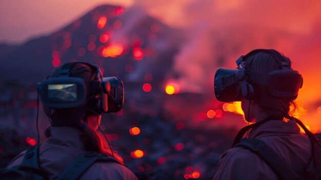 Foto uma equipa de especialistas em mitigação de desastres usa a tecnologia vr para simular uma erupção vulcânica e praticar