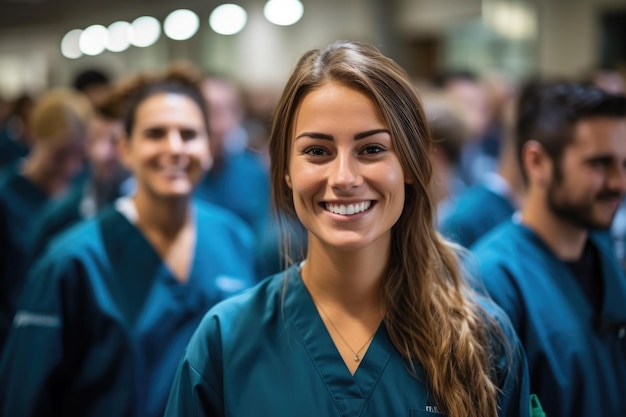 Uma equipa de médicos bem sucedida no hospital a olhar para a câmara e a sorrir.