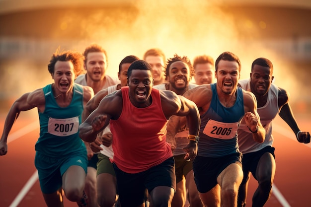 Foto uma equipa diversificada de corredores juntos na pista de atletismo criada com tecnologia de ia generativa