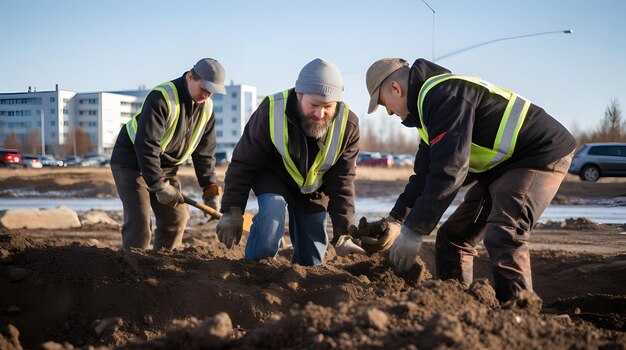 Foto uma equipa que realiza testes de solo antes de iniciar a construção de um novo edifício