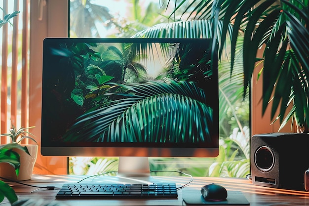 Foto uma equipa remota a unir-se numa fuga virtual para uma floresta tropical