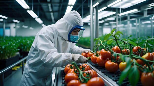 Uma equipe de biólogos vestida com trajes de proteção cuidadosamente cuida de fileiras de plantas de tomate vibrantes