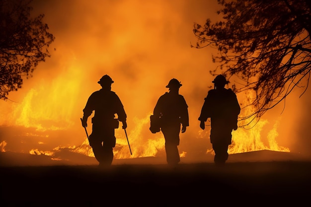 Uma equipe de bombeiros no fundo de um incêndio