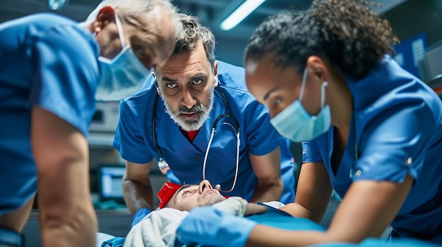 Uma equipe de cirurgiões em trajes cirúrgicos realiza uma operação de emergência em um paciente em uma sala de cirurgia de um hospital