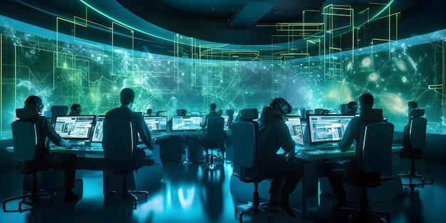 Uma equipe de especialistas em segurança cibernética em uma sala de controle analisando dados em várias telas IA generativa