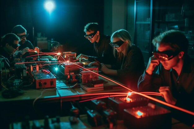 Uma equipe de físicos realizando experimentos com laser