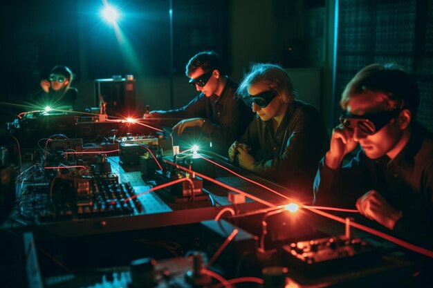 Uma equipe de físicos realizando experimentos com laser