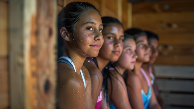 Foto uma equipe de jovens jogadores de softball esfriando em uma sauna depois de um torneio de verão quente