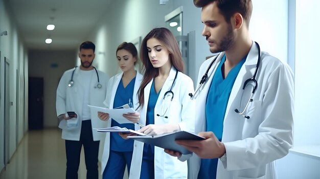 Uma equipe de jovens médicos especialistas revisando documentos no corredor do hospital