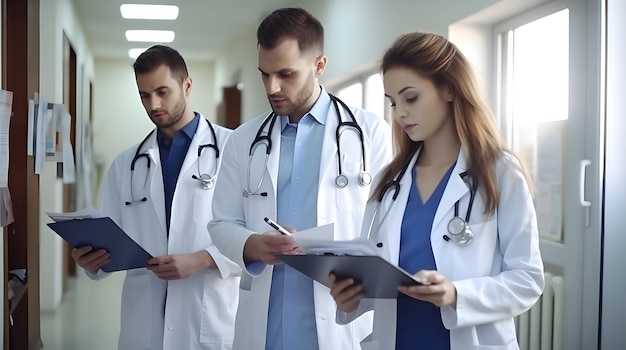 Uma equipe de jovens médicos especialistas revisando documentos no corredor do hospital