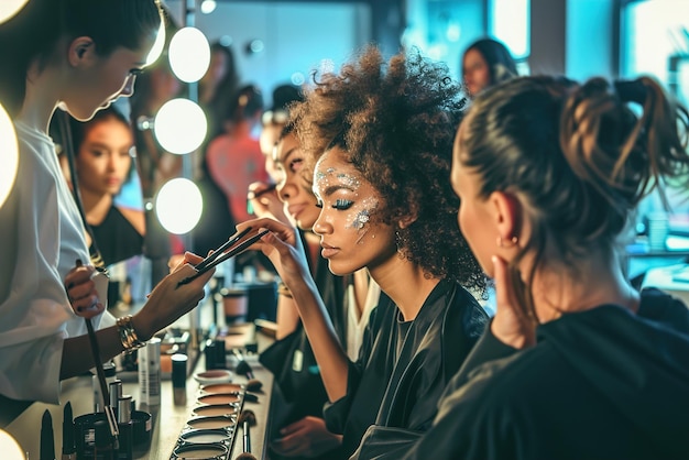 Uma equipe de maquiadores profissionais aplicando maquiagem glamourosa em modelos em um salão de beleza chique