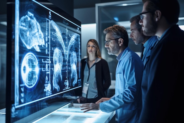 Uma equipe de médicos no departamento de radiologia de um hospital em um grande monitor IA generativa