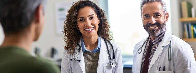 Foto uma equipe de médicos sorridente em uma consulta com um paciente que exala cuidado e experiência médica