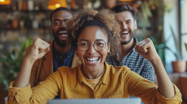 Foto uma equipe de negócios comemorando seu sucesso enquanto trabalha em um laptop no escritório um trabalho em equipe de computador e celebração com um grupo de funcionários dizendo sim ou uau