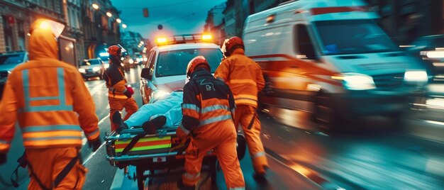 Foto uma equipe de paramédicos reage rapidamente para prestar assistência médica a um paciente ferido e transportá-lo para uma ambulância em uma maca depois que ele foi ferido em um acidente de trânsito