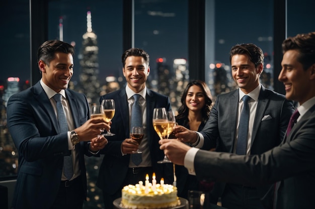 Uma equipe de profissionais de ternos e gravatas brindando para uma celebração de aniversário em um escritório moderno