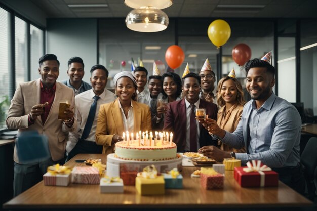 Uma equipe de profissionais de ternos e gravatas brindando para uma celebração de aniversário em um escritório moderno