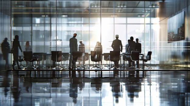 Uma equipe de profissionais envolvida em uma reunião de administração conversando e fazendo brainstorming de ideias em uma mesa elegante no lobby