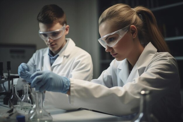 Uma equipe de químicos sintetizando novos compostos em um laboratório