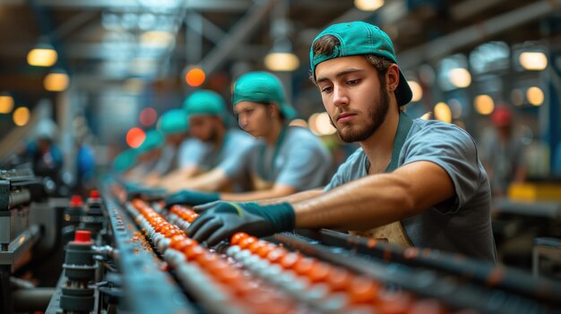 Foto uma equipe de trabalhadores trabalhando em uma fábrica de produção de tecnologia com máquinas industriais