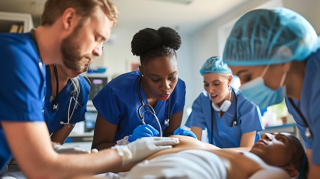 Uma equipe diversificada de cirurgiões em trajes azuis realiza uma operação em um ambiente hospitalar. Eles estão focados no paciente e na tarefa em mão.