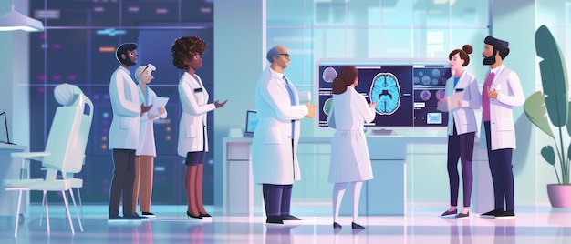 Foto uma equipe diversificada de neurologistas, neurocientistas e neurocirurgos discutiu exames de ressonância magnética e imagens cerebrais durante uma reunião de laboratório do hospital e discutiu novos medicamentos para curar certas doenças