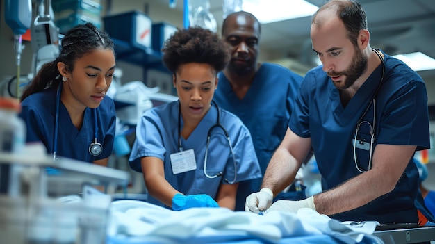 Uma equipe diversificada de profissionais médicos trabalha em conjunto para salvar a vida de um paciente. A equipe inclui um médico, uma médica e duas enfermeiras.