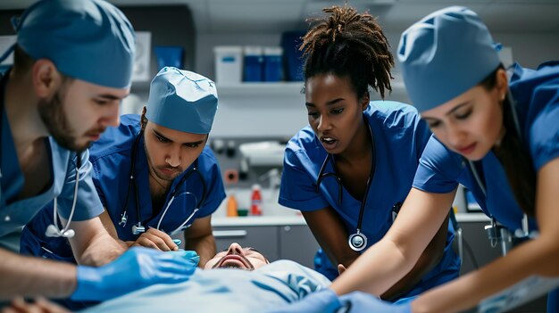 Foto uma equipe diversificada de profissionais médicos trabalha juntos para salvar a vida de um paciente