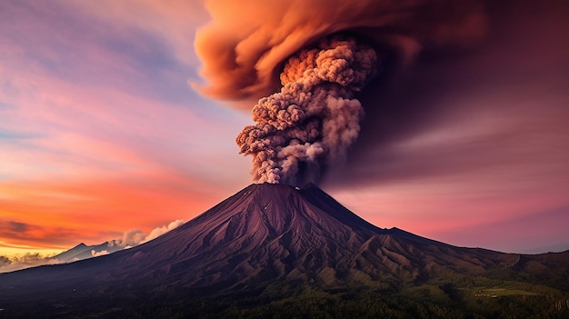 Uma erupção vulcânica com uma coluna de fumaça e cinzas subindo para o céu