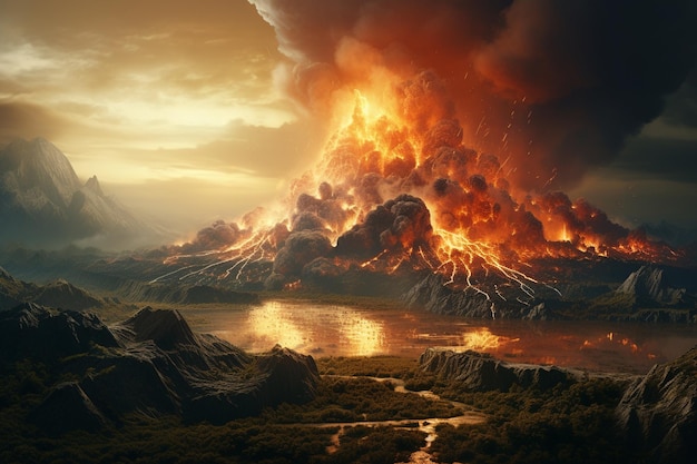 Uma erupção vulcânica explosiva em uma área pré-histórica la 00654 03