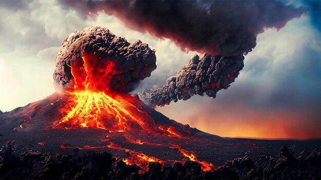 Foto uma erupção vulcânica lançando lava e cinzas para o céu