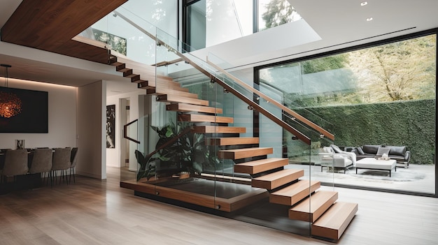 Uma escada com corrimão de vidro e uma porta de vidro que diz "escadas"