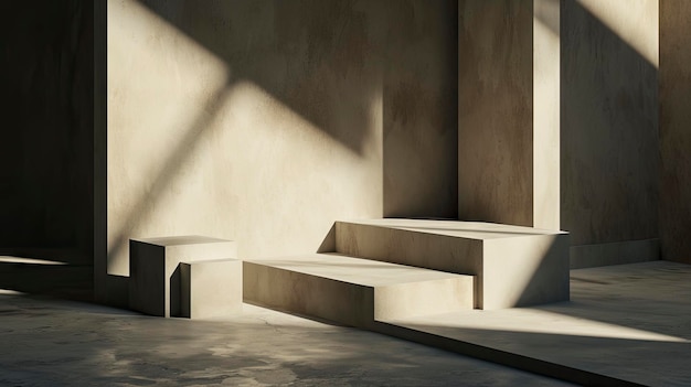 Uma escada de concreto minimalista banhada em luz natural criando um contraste acentuado de luz e sombra em um cenário moderno