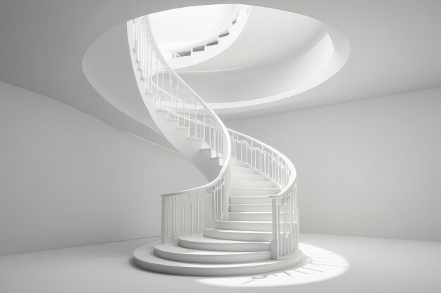 Uma escada em espiral branca com um círculo branco no fundo branco do meio