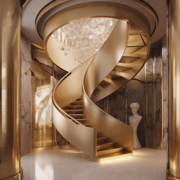 Uma escada em espiral dourada com uma estátua ao fundo.