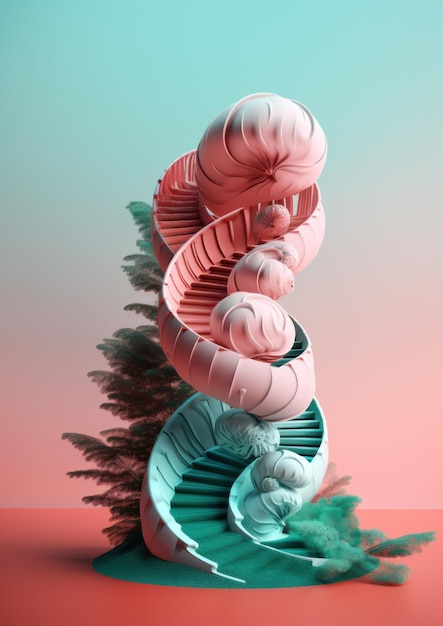 Uma escada em espiral rosa e verde ao lado de uma árvore Imagem generativa de IA