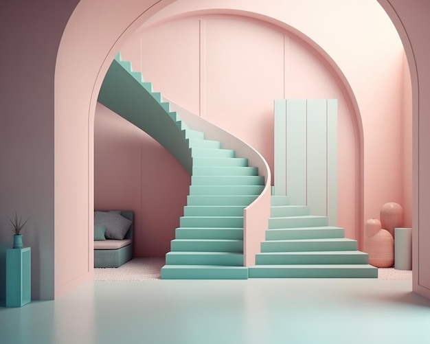 Uma escada em espiral rosa e verde em uma sala com uma porta que diz "rosa"