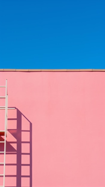 uma escada encostada em uma parede rosa com um céu azul ao fundo