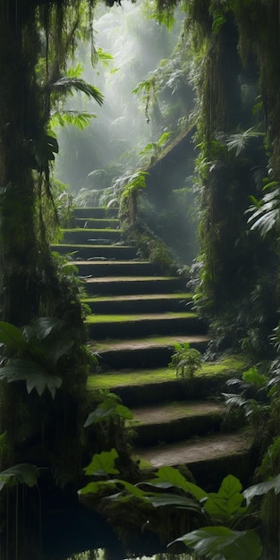 Uma escada fantástica na floresta Foto de fundo