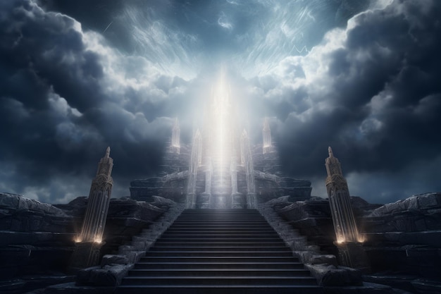 Uma escada gótica emerge através de céus nublados levando ao reino além da arte de IA generativa