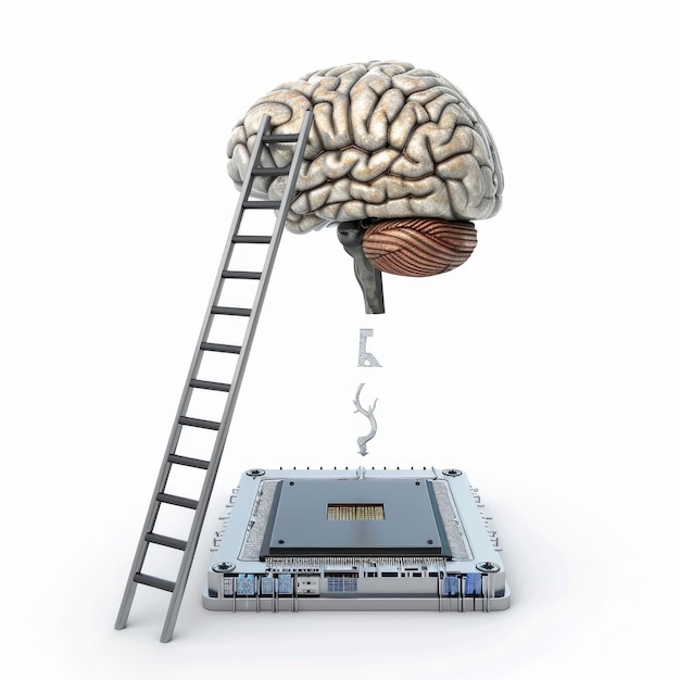 Foto uma escada leva a um cérebro de cpu simbolizando o caminho para o avanço tecnológico