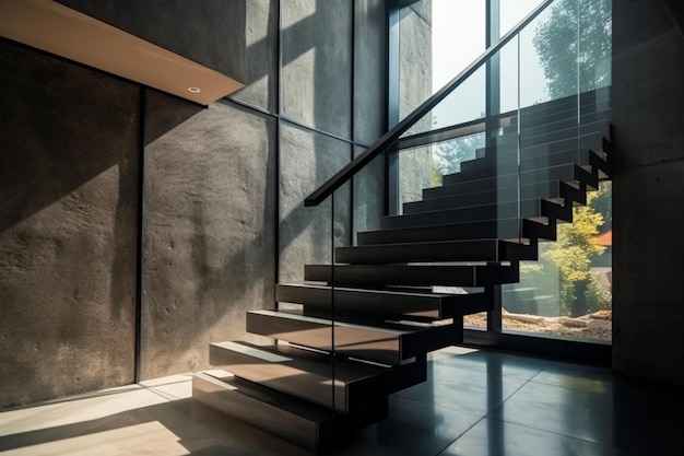 Uma escada preta em uma casa moderna com uma parede de vidro e uma janela