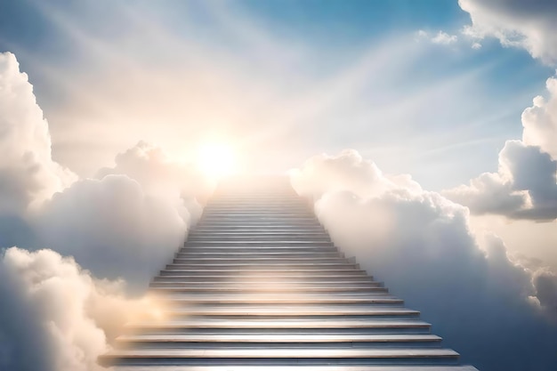 Uma escada que leva ao céu com nuvens e céu como fundo