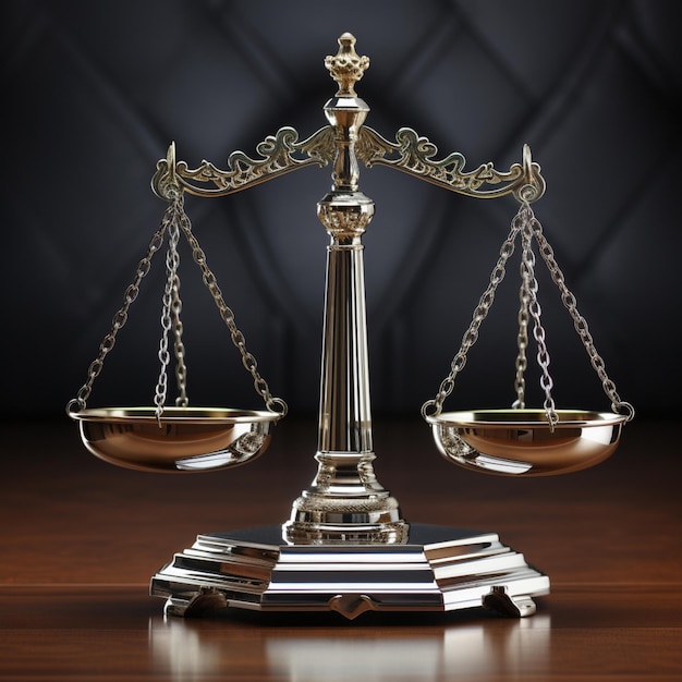 uma escala de equilíbrio metálico da justiça no estilo do conceito jurídico de renderização realista