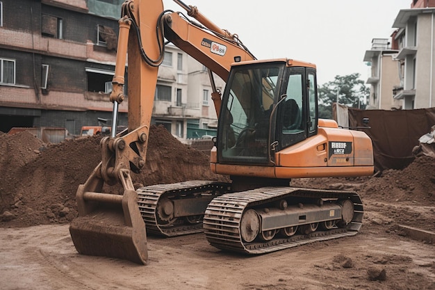 Uma escavadeira amarela está em um canteiro de obras.