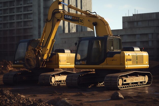 Uma escavadeira amarela fica em um canteiro de obras.