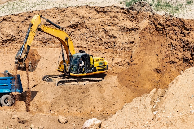 Uma escavadeira em um poço de areia carrega um caminhão basculante com areia Extração de areia em materiais de construção naturais a céu aberto