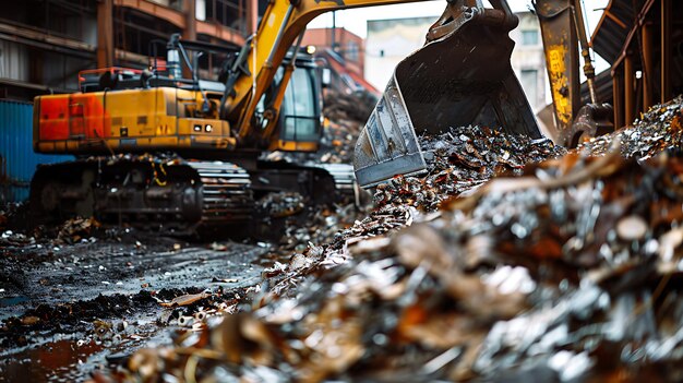 Foto uma escavadora está cavando através de uma grande pilha de sucata de metal a escavadeira está em primeiro plano e está em foco