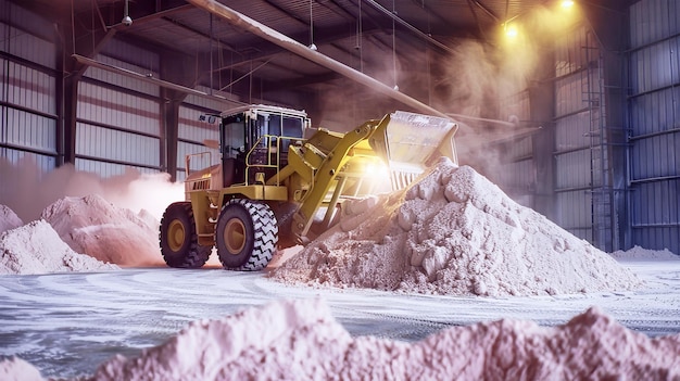 Foto uma escavadora movimenta incansavelmente a areia rosa, preparando-a para a mineração e processamento de fertilizantes de potássio num grande armazém
