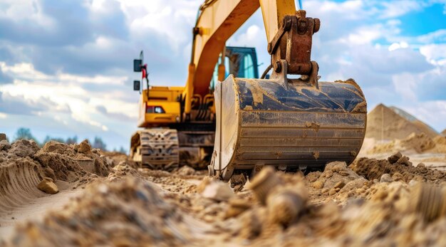 Uma escavadora na areia em um canteiro de obras